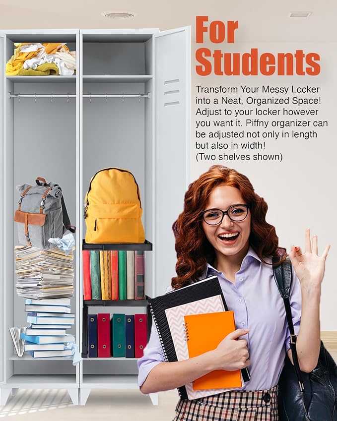 Locker Organizer Shelf, Adjustable Width and Height, Stackable, Ideal Locker Shelf for School, Office, Gym Lockers, or Even Kitchen Cabinets Under Sink Organization (Black 1 Pack)