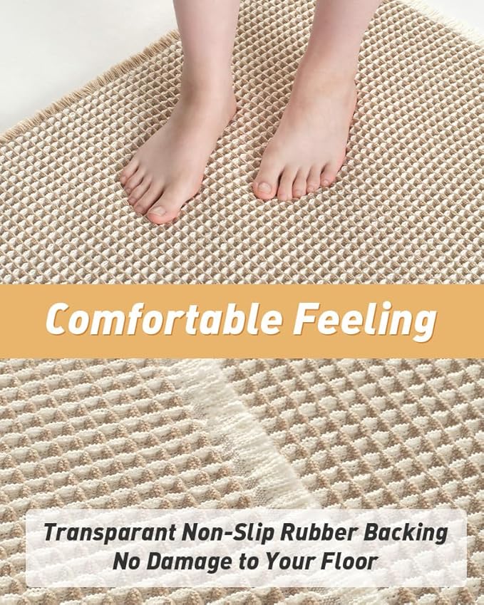 AMOAMI Upgraded Waffle Bath Mat, Super Absorbent Non Slip Bath Mats for Bathroom Floor, Machine Washable Bathroom Rugs with Tassels, Rubber Backed Bathroom Mats, Ultra Soft, 17" x 24",Brown & Cream