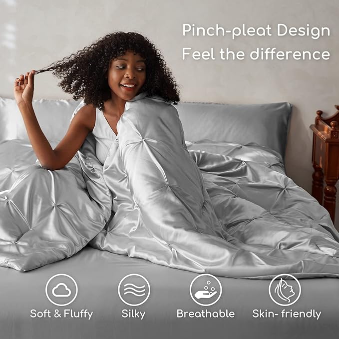 MR&HM Satin Comforter Queen 7 Pieces - Luxurious Pinch Pleat Bedding Set with Comforter, Flat Sheet, Fitted Sheet, Pillowcases & Shams, Super Silky Soft Bed Set for All Season (Queen, Silver Grey)