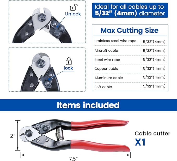 Muzata Upgraded Version Cable Cutter Heavy Duty Wire Rope Up to 532" Stainless Steel Deck Stair Railing Aircraft Strong Thick Seal Metal Fence Bike Bicycle Brake Cutter CT15, CT1