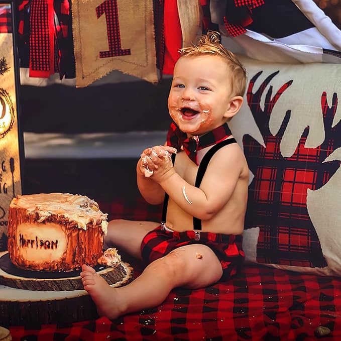 Lumberjack Cake Smash Outfit for Baby Boys Wild One Birthday Party,Diaper Cover Bloomer Bow Tie Suspenders Boys 1st Birthday Buffalo Plaid Milestone Photoshoot Supplies