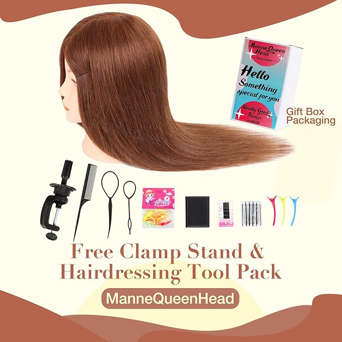 Mannequin Head with Human Hair - 20-22" Cosmetology Mannequin Head with 100 Real Human Hair for Braiding Practice Cutting - Manikin Head with Human Hair for Hairdresser (Brown)