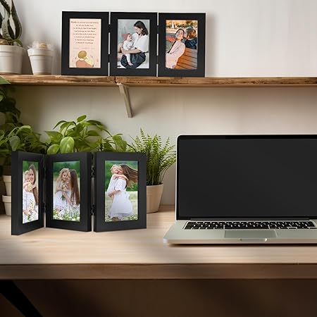 Golden State Art, 4x6 Three Picture Frame Trifold Hinged Photo Frame with 3 Openings, Desk Top Family Picture Collage, with Real Glass (4x6 Triple, Black, 1-Pack)
