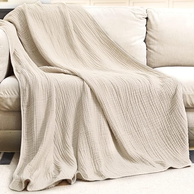 Yoofoss Muslin Blanket 100% Organic Cotton Throw Large 50" x 60" for Bed Couch Summer Gauze Blanket for Adults Lightweight and Breathable Apricot White