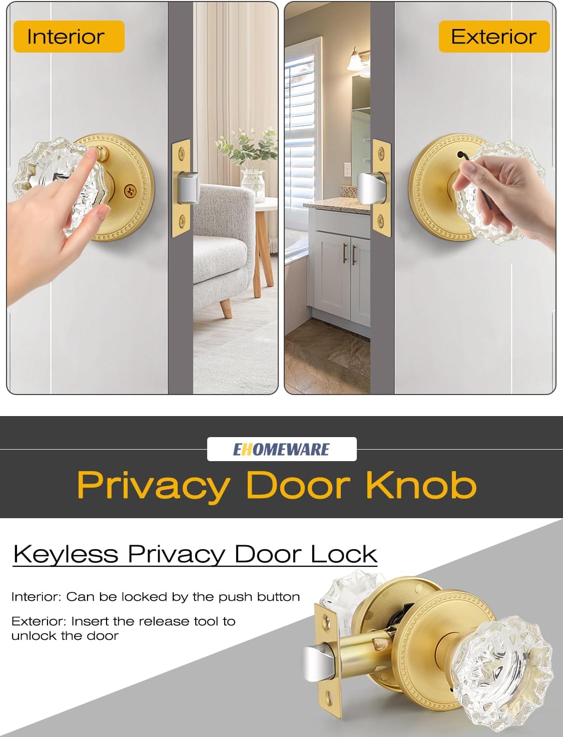 1 Pack Glass Door Knobs Interior, Door Locks for Bedroom, Bathroom Gold, Keyless Privacy Door Levers, Clear Crystal Door Knobs, Universal for Left & Right Sided Doors