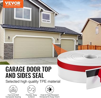VEVOR Garage Door Seal Top and Sides Seal Strip, 34 FT Universal Weather Stripping Replacement Soft and Hard Composite, Weatherproofing Garage Door TPE Seals with Adhesive Backed and Screws, White