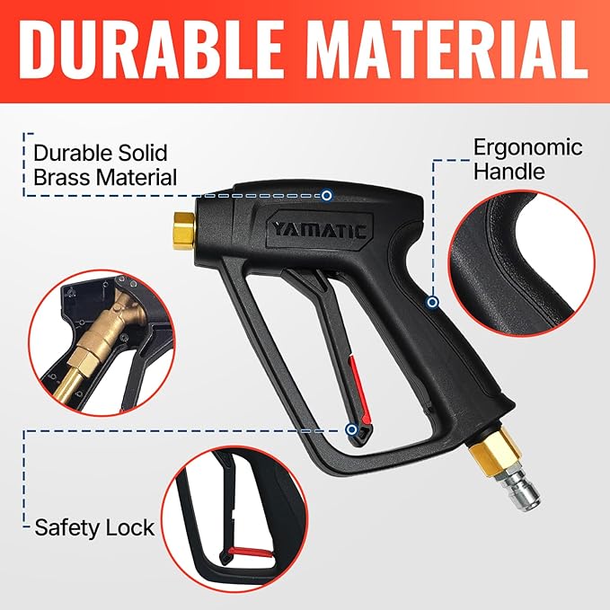 YAMATIC Short Pressure Washer Gun with Swivel Brass 38" Quick Connector, Power Washer Handle with Easy Pull Trigger Replacement for Ryobi, Simpson, Craftsman, DeWalt, 4000 PSI