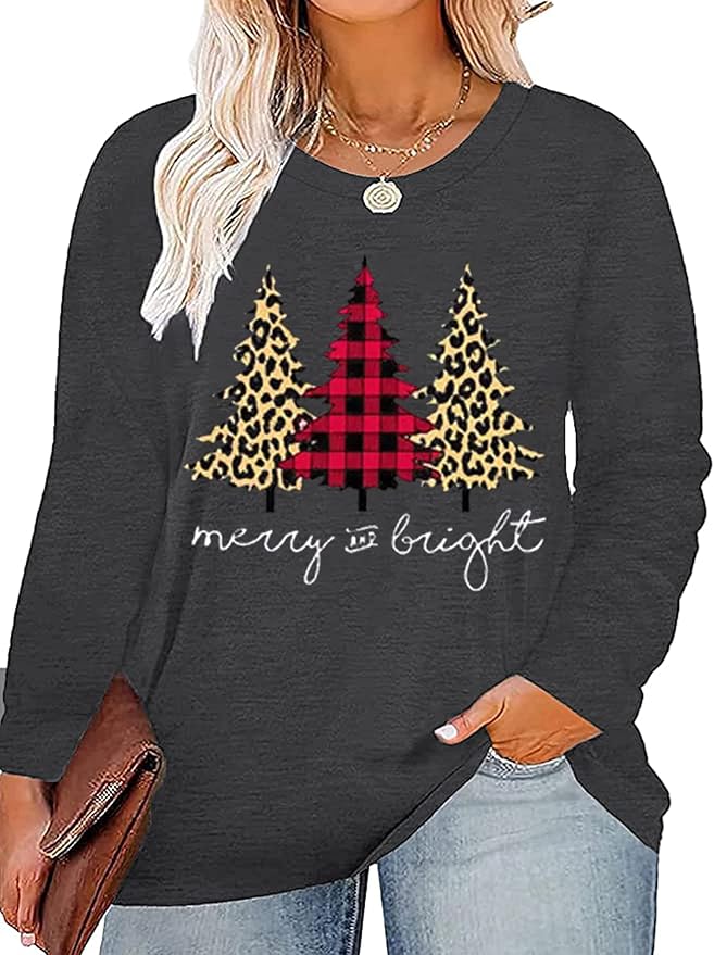 Plus Size Christmas Shirt Women Merry and Bright Long Sleeve Merry Christmas Long Sleeve Xmas T Shirts Tops