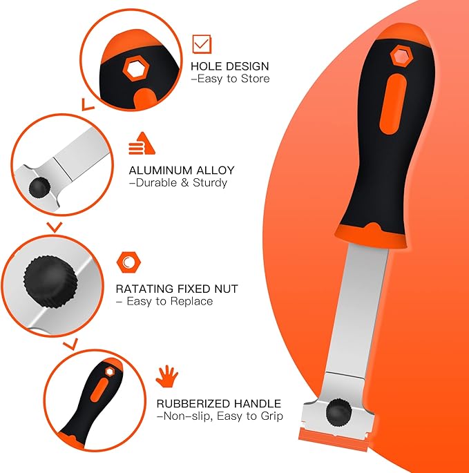 DEKEones Razor Blade Scraper, Long Handled Scraper Tool with 10 Extra Replacement Blades, Razor Scraper Remover for Cleaning Sticker, Paint, Caulk from Window, Car, Glass, Windshield, Stove