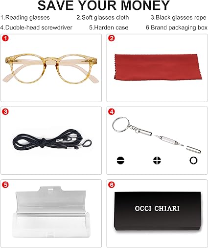 OCCI CHIARI Reading Glasses 5.0 Stylish Round Readers for Women 1.0 1.25 1.5 1.75 2.0 2.25 2.5 2.75 3.0 3.5 4.0 5.0 6.0(Yellow,5.0)