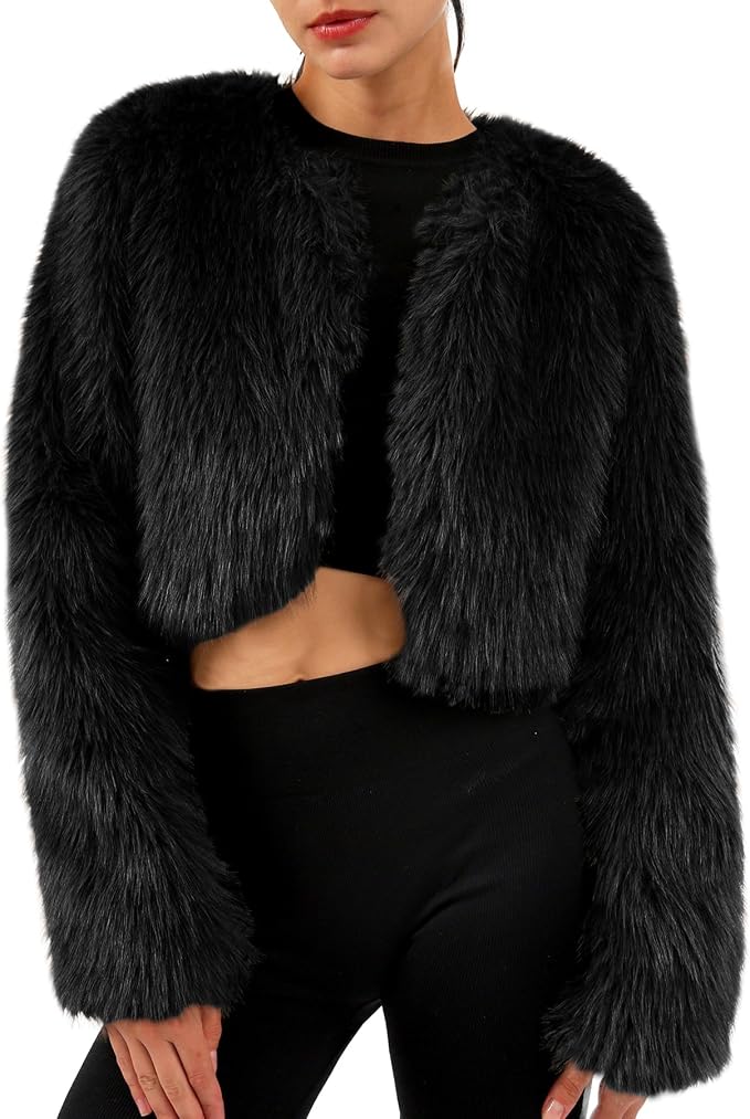 Amazhiyu Women's Faux Fur Cropped Coat Long Sleeve Open Front Winter Jacket .