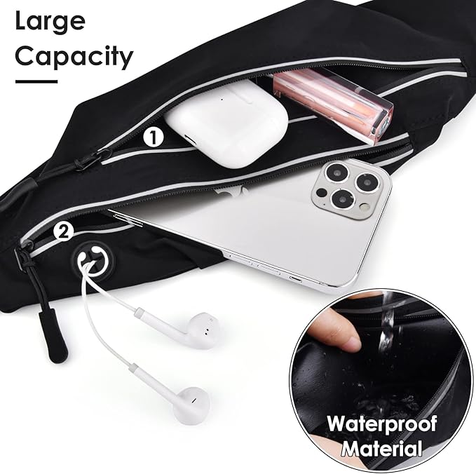 Running Belts for Men Women, Running Fanny Pack with 2-Zipper Pockets, Waterproof Waist Pack Phone Bag Carrying All Phones, Reflective Runners Belt Jogging Pocket Belt