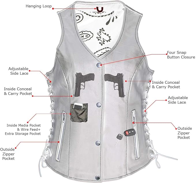 XS1029 Women's 'Paisley' Black Motorcycle Leather Vest with Side Lace Adjustment