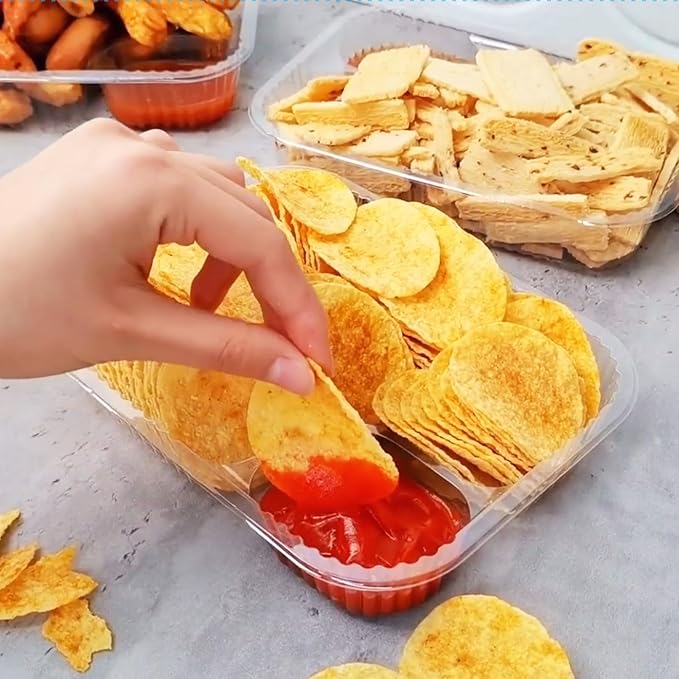 200 PC Nacho Trays Disposable, 12oz Plastic Nacho Containers with Chip and Dip Holder, 6x5 In 2 Compartments Clear Snack Trays for Kids,Parties, Movie Night Supplies (Plastic-12oz-200pc)