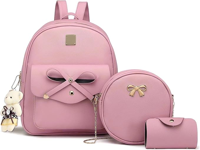 K.E.J. Women Mini Backpack Purse Bowknot Leather Backpack 3-PCS Cute Small Backpack Purse for Women Rucksack for Ladies Shoulder Bag