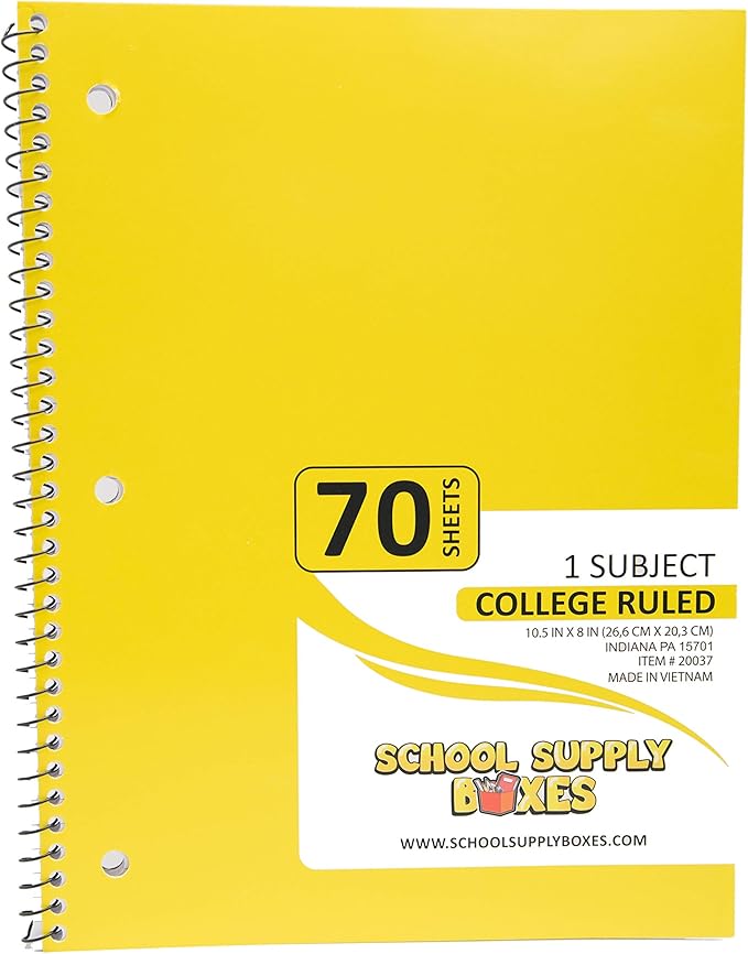 School Supply Boxes (Yellow College-Ruled 1 Subject Notebooks 3 Pack 10.5 IN x 8 IN (70 Sheets) Notebooks for School, Work Office