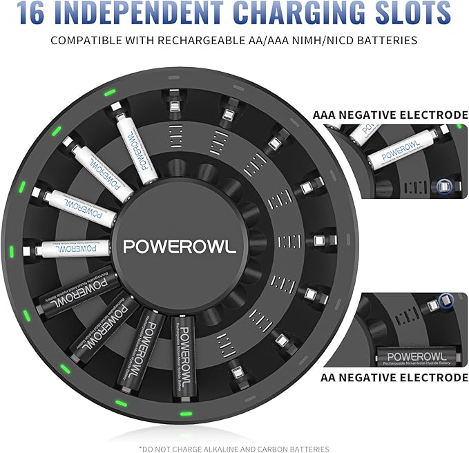 POWEROWL 16 Bay AA AAA Battery Charger (Updated, High Speed Charging) with Smart LED Light and Plug, for NIMH NICD Rechargeable Batteries and More
