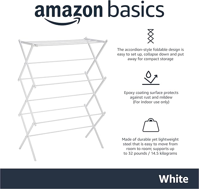 Basics Foldable Portable Laundry Rack for Air Drying Clothing, Indoor Outdoor Use - 14.5" D x 29.5" W x 41.8" H, White