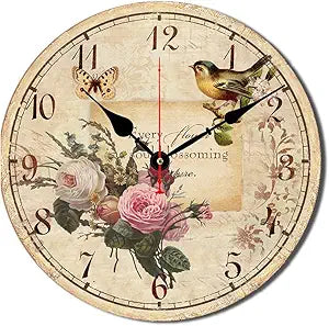 12 Inch Wood Wall Clock Silent Non-Ticking Wall Clocks for Office,Bathroom,Living Room,Dining Room,Kitchen Decoration, FlowersBirds Style Round Hanging Clock