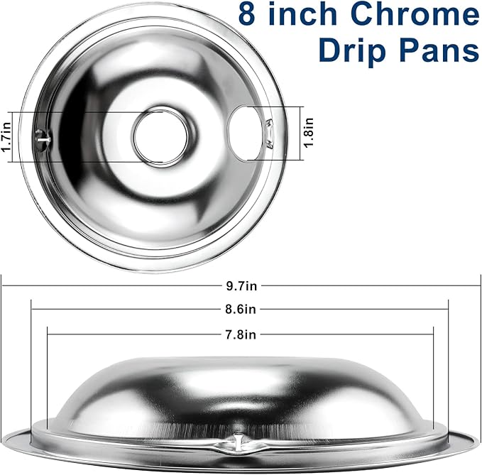 4 Pack GE68C Chrome 6" 2 x 8" Burner Drip Pan Bowls by PANDEELS- Fit for GE and Hot-point Electric Ranges