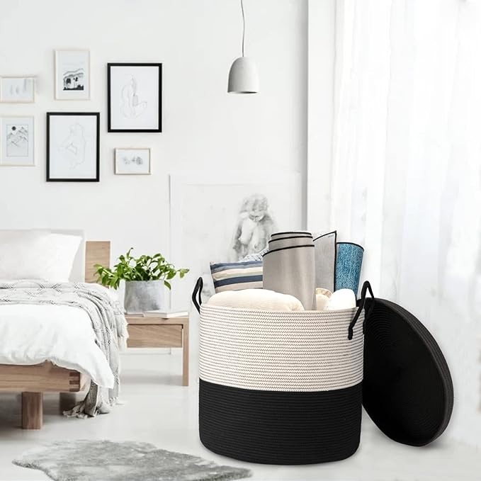 21 x 18 Inch Extra Large Storage Baskets Rope Baskets with Lid Living Room Blanket Basket with Lid Bedroom Baskets Large Round Black Color 115L