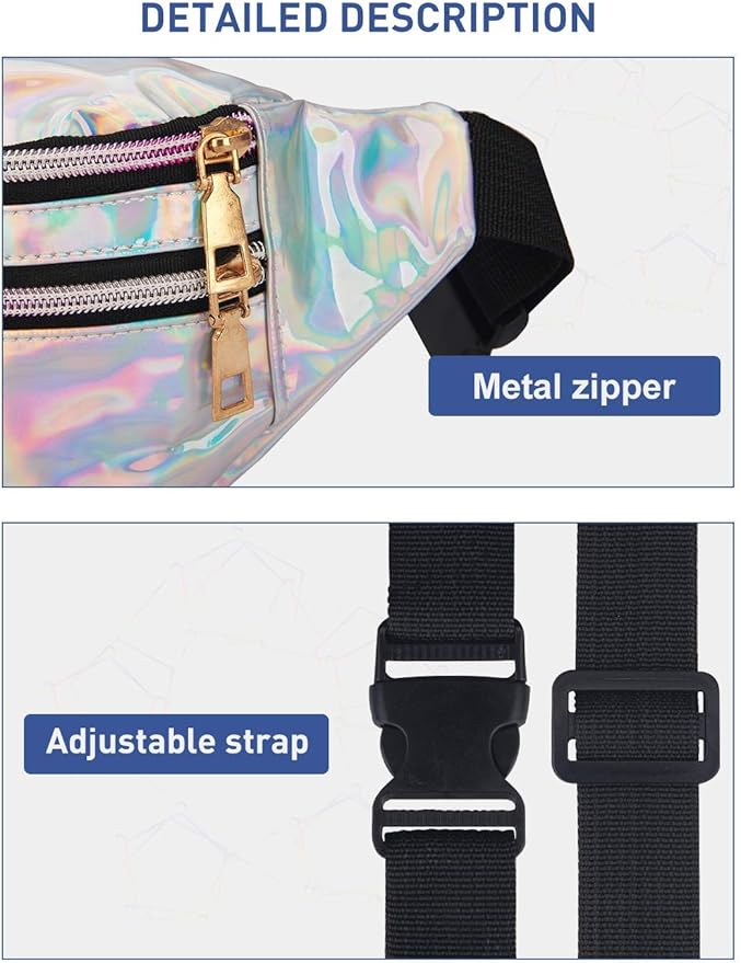 LIVACASA Holographic Fanny Packs for Women Cute Waist Packs Shiny Waist Bum Bag Waterproof for Travel Party Festival Running Hiking All Silver 50+ bought in past month