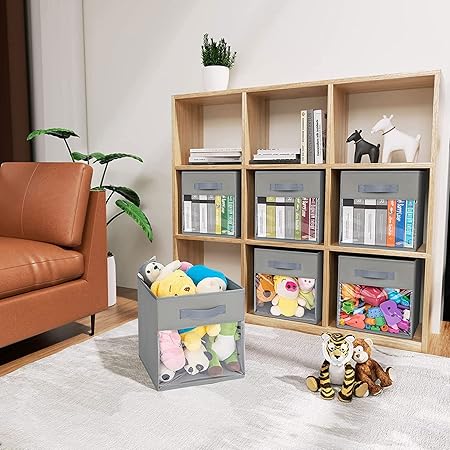 Foldable Storage Cubes Set of 2 Non-Woven Fabric Clothes Organizer with Handles Collapsible Storage Bins Clear Front Window Open-Top Storage Boxes for Shelf Closet(28 28 28cm,Grey)