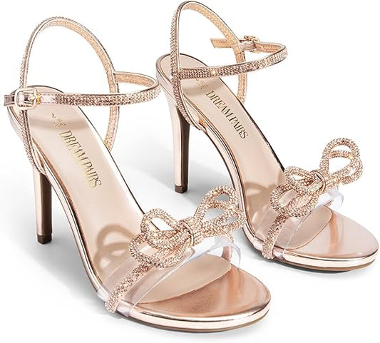 DREAM PAIRS Women's Heels Round Toe Rhinestone Double Bowknots Sparkly Stilettos Heeled Sandals Shoes for Party Evening