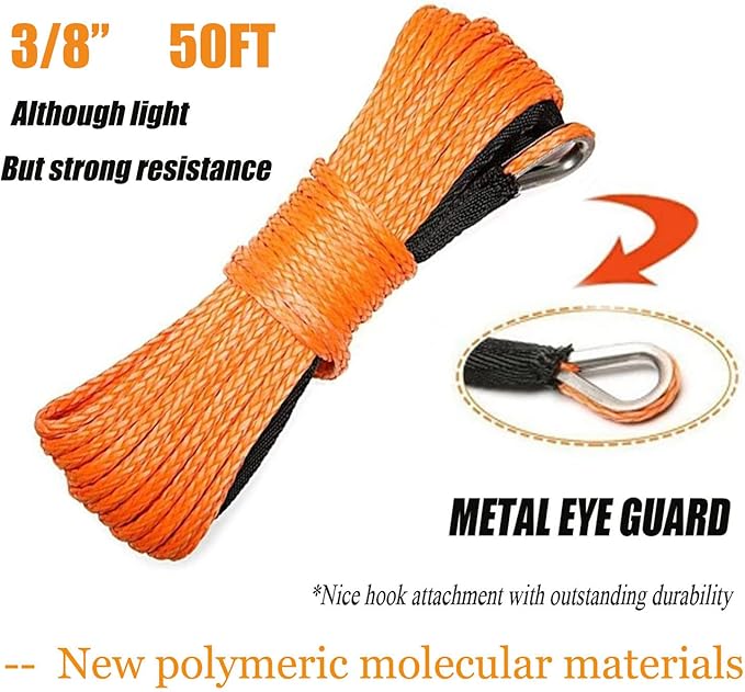 WANLIAN 38'' x 50ft Synthetic Winch Rope 1cm x 15m Nylon Winch Rope 25000LBS Synthetic Winch Line Cable Rope for 4WD Off Road, ATV UTV SUV Winches Synthetic Rope (Orange) (38'' x50ft)