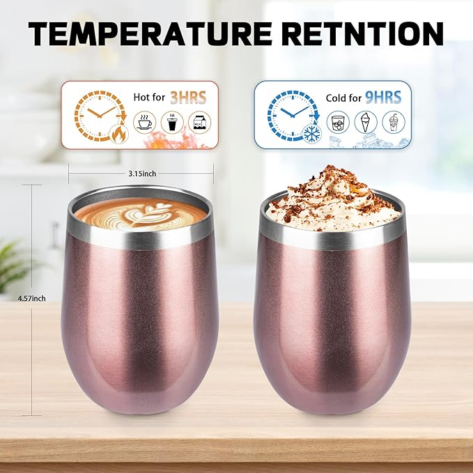 StarSpeed 12oz Wine Tumbler with lid, Stainless Steel Travel Mugs Stemless Double Wall Insulated Coffee Cup, Insulated Wine Glasses Travel Tumbler for Cold Hot Drinks(Rose Gold, 1)