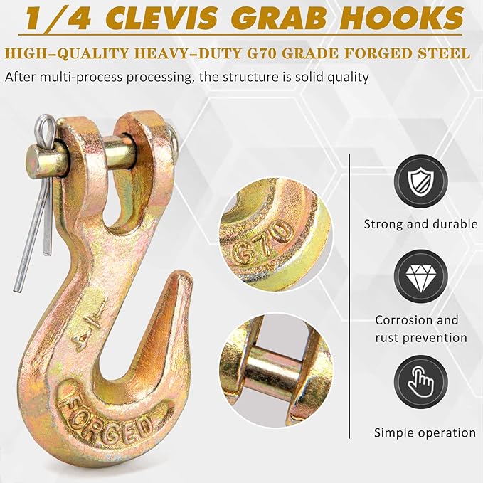 14 Chain Hook, Heavy Duty 14 Chain Hooks, 3600Lbs Working Load G70 Clevis Grab Hook 14 Inch for Trailer Truck Tow Chain Transport -Yellow Chromate Finish (4 Pack)