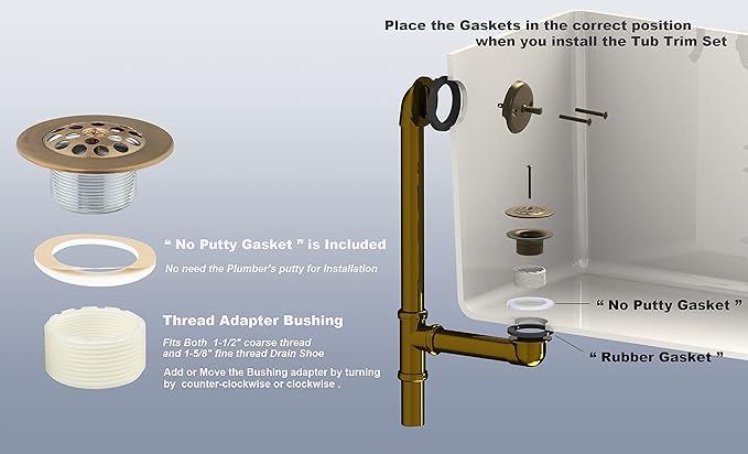 Champagne Bronze Trip Lever Tub Trim Kit Set with Trip Lever Overflow Face Plate, No Putty Gasket, Trip Lever Bathtub Drain with Strainer, Overflow and Matching Screws, No Putty Installation Artiwell