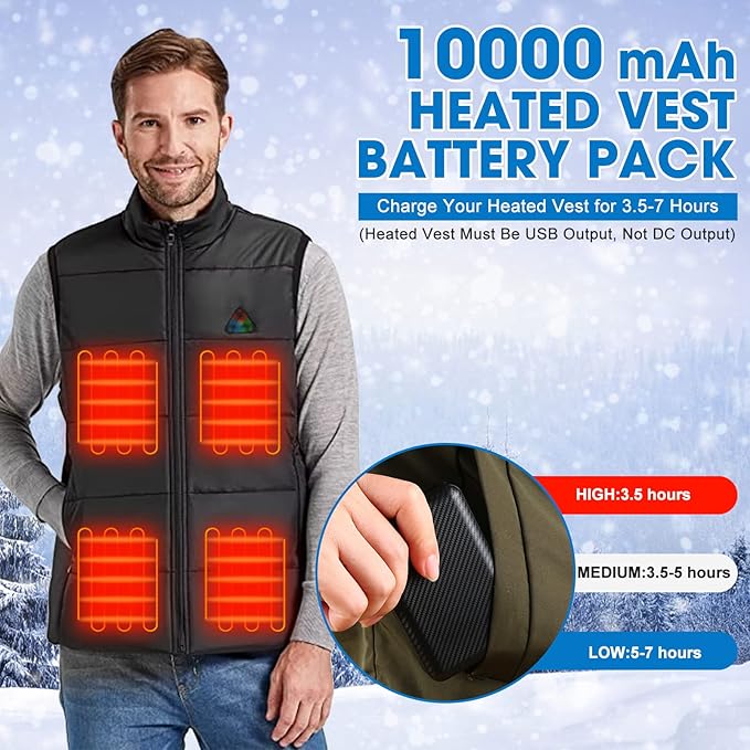 Heated Vest Battery Pack, 5V 2A 10000 mAh Power Bank for Heated Vest Heated Jacket, Dual USB Heated Vest Battery Charger, Battery Phone Charger for iPhone, Android