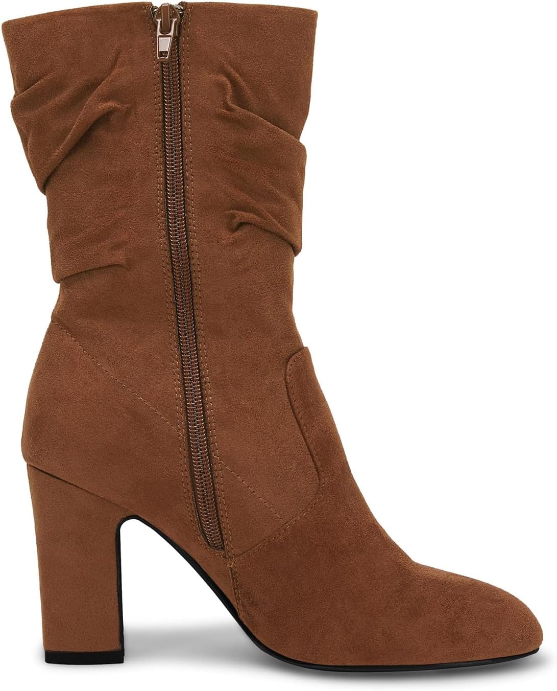Coutgo Women's Mid Calf Slouchy Boots Suede High Heel Zip Stacked Chunky Block Round Toe Booties.