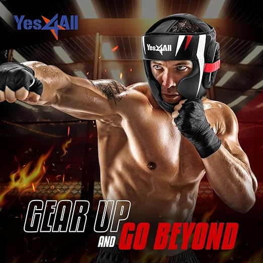 Yes4All Extreme Full Face Boxing Headgear, Adjustable Sparring Headgear, Martial Arts Helmet with PU Leather for Muay Thai, MMA Training, Sparring, Kickboxing
