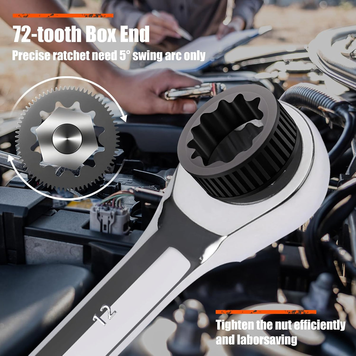 Egofine 8mm Ratcheting Combination Wrench Metric, Industrial Grade Gear Spanner with 12-Point Design, 72-Tooth Ratchet, Chrome Vanadium Steel