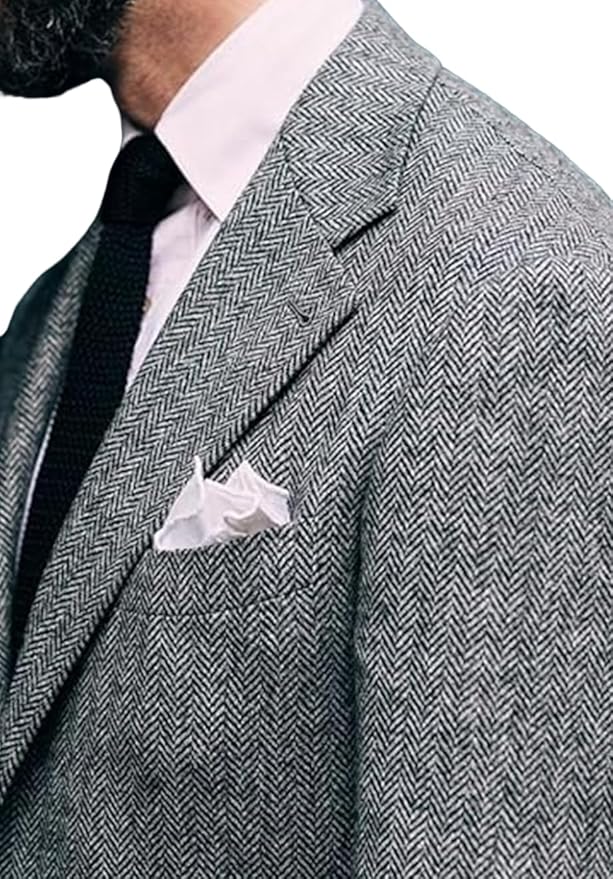 Men's 3-Button Wool Blend Blazer Vintage Herringbone Sport Jacket with Pocket Square