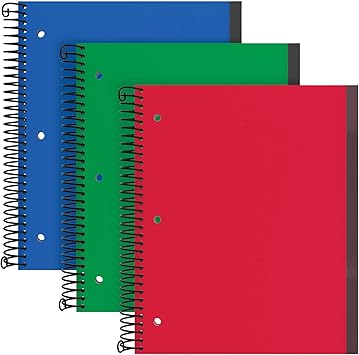 Oxford Spiral Notebook 3 Pack, 3 Subject, Wide Rule, Durable Plastic Covers, Strong Coil, 3 Durable Pockets, 8.5 x 11, 150 Sheets, Red, Green, Blue (89804)