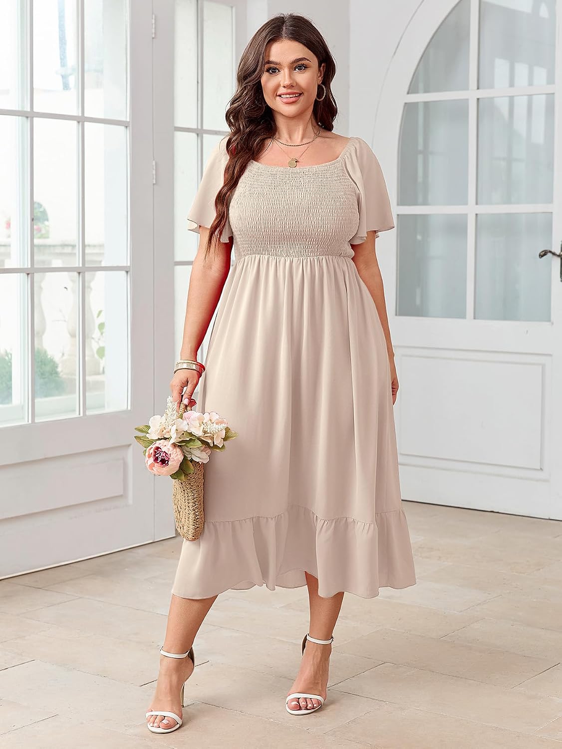 SCOMCHIC Women's Plus Size Summer Dress Casual Short Sleeve Scoop Neck Maxi Dress Smocked Ruffle Boho Flowy Long Dresses.