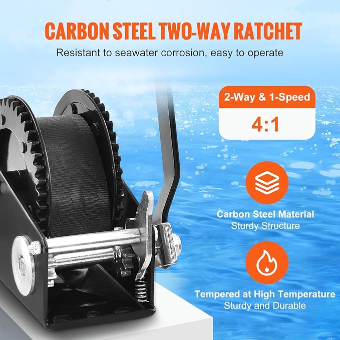 Happybuy Manual Winch, Pulling Force of 2000 lbs, Durable Trailer Winch with 23 ft Polyester Strap, Dual-Direction Ratchet, Robust Rope Crank for Towing Trailer, Boat or ATV