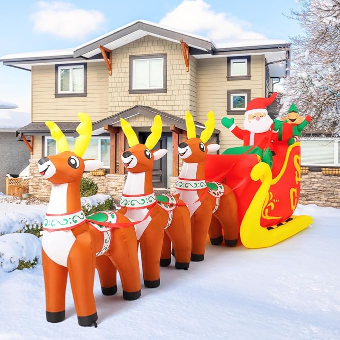 GOOSH 12 Ft Christmas Inflatable Reindeer cart Outdoor Decorations Blow Up Yard Three Deer Pulling a Sleigh and Santa Claus with Built-in LEDs for Indoor Party Garden Lawn Decor