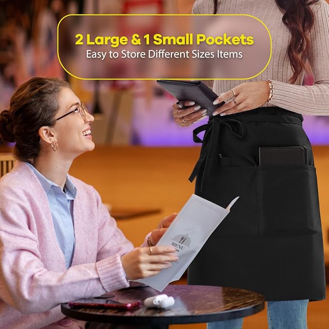 ROTANET Server Apron Black with 3 Pockets 20 Inch Long Waiter Waitress Bistro Half Waist Aprons for Women Men Waterproof