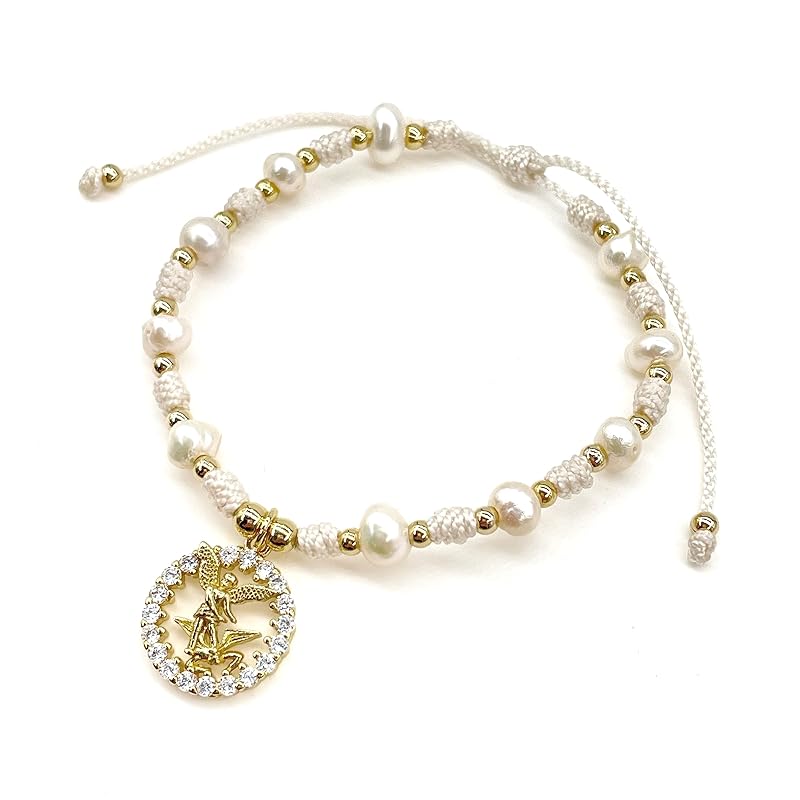 St Michael Archangel Pendant Medal on Adjustable Ivory Cord and Freshwater Pearls Wrist Adjustable Bracelet (Ivory)
