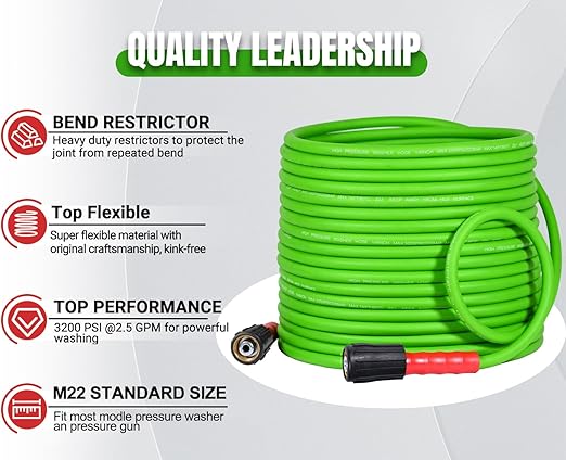 YAMATIC Super Flexible Pressure Washer Hose 50FT for Power Washer Replacement, Kink Resistant Extension With Leak-Free M22 Female & 3/8" Quick Connect Adapters, 1/4" 3200 PSI, Green