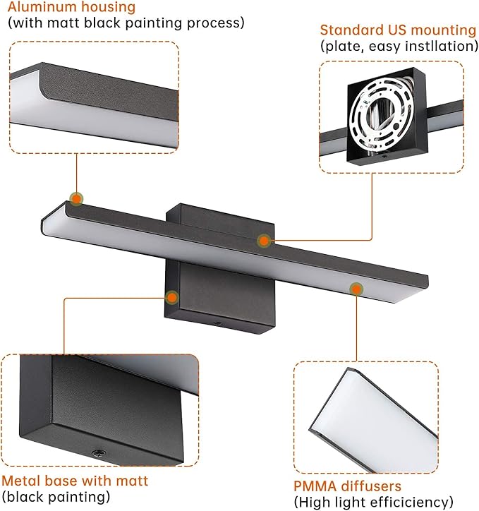 JUSHENG Black Bathroom Vanity Light Fixtures Modern Aluminum LED Wall Mount Sconce Lights for Mirror Lighting Indoor Bedroom Bedside Lamps 16W 16.14" 6000K