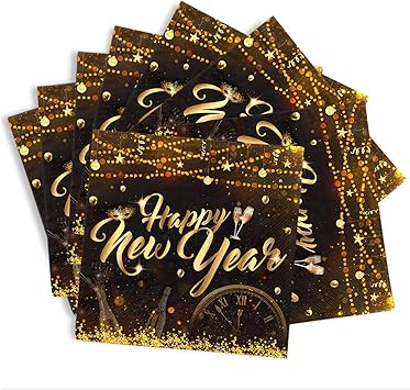 New Years Eve Napkins-40pcs Happy New Year Decoration 2025 Set happy new year napkins Black and Gold Paper Napkins for 2025 New Year Party Supplies