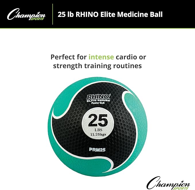 Champion Sports Rhino Elite Medicine Ball – Textured Surface, Superior Grip, Hollow Synthetic Rubber for Consistent Bounce & Durability, Multiple Weights & Colors - Optional Rebounder Sold Separately