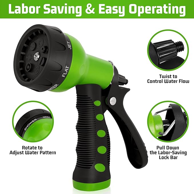 NEXCOVER Garden Hose Nozzle Sprayer - 7 Adjustable Watering Patterns Nozzle for Water Hose, Non-Slip Garden Spray Nozzle for Car Washing, Watering Plants, Pets Showering, Lawns Cleaning, Green