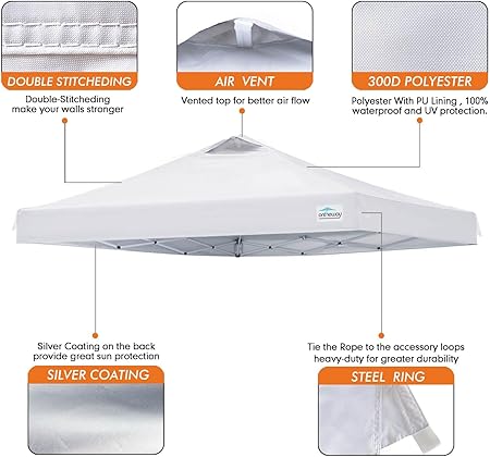 Ontheway 10x10 Replacement Canopy Top Cover, Pop Up Canopy Tent with Air Vent (White)