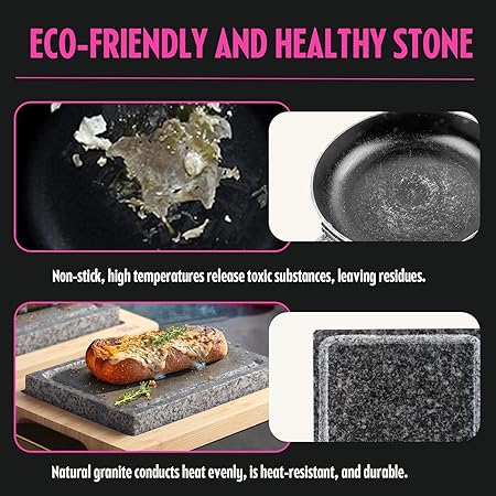 Artestia Cooking Stone for Steak with Double Granite Stones, Sizzling Steak Stone Cooking Set for BBQHibachiSteak Grill (2PCS Granite Stones 1PC Bamboo Tray)